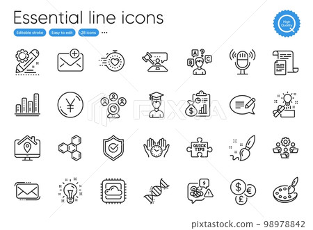 Chemical formula, Message and Work home line icons. Collection of Approved shield, Messenger mail, Cloud computing icons. Graph chart, Idea, Report web elements. Palette, Paint brush. Vector Chemical formula, Message and Work home line icons. Collection of Approved shield, Messenger mail, Cloud computing icons. Graph chart, Idea, Report web elements. Palette, Paint brush. Vector 98978842