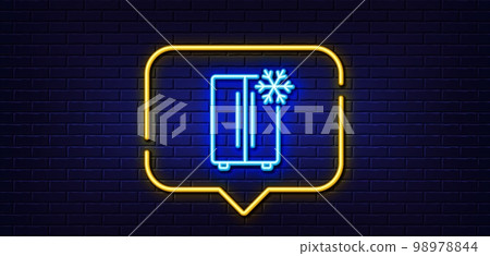 Neon light speech bubble. Two-chamber refrigerator line icon. Fridge with snowflake sign. Freezer storage symbol. Neon light background. Refrigerator glow line. Brick wall banner. Vector 98978844