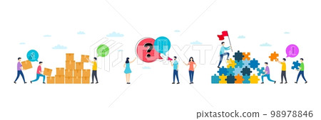 Building warning, Open door and Inspect minimal line icons. People characters with puzzle, delivery parcel. Buildings icons. For web, application, printing. Vector 98978846