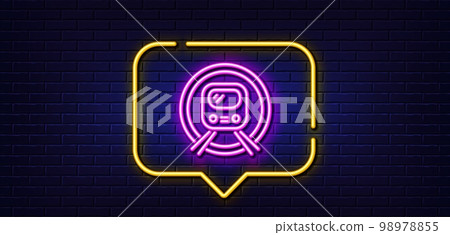 Neon light speech bubble. Metro subway transport line icon. Public underground transportation sign. Neon light background. Metro subway glow line. Brick wall banner. Vector 98978855