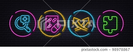 Intersection arrows, Medical analyzes and Capsule pill minimal line icons. Neon laser 3d lights. Puzzle icons. For web, application, printing. Exchange, Medicine, Medicine drugs. Puzzle piece. Vector Intersection arrows, Medical analyzes and Capsule pill minimal line icons. Neon laser 3d lights. Puzzle icons. For web, application, printing. Exchange, Medicine, Medicine drugs. Puzzle piece. Vector 98978867