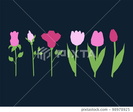 Flower set, pink roses and tulips, with green leaves. Simple, vector illustration. 98978925