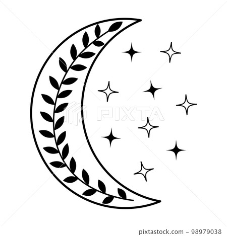 Mystic moon crescent with twig inside. Esoteric spiritual ethnic mascot with stars. Linear design, hand-drawing. Mystic moon crescent with twig inside. Esoteric spiritual ethnic mascot with stars. Linear design, hand-drawing. 98979038