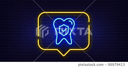 Neon light speech bubble. Dental insurance line icon. Oral medicine risk coverage sign. Teeth care symbol. Neon light background. Dental insurance glow line. Brick wall banner. Vector 98979413