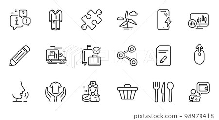 Outline set of Share, Nurse and Food line icons for web application. Talk, information, delivery truck outline icon. Include Swipe up, Hold t-shirt, Candlestick chart icons. Vector 98979418