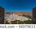 Aerial view of the town of Lindos in Rhodes, Greece 98979613