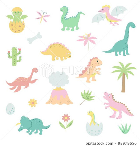 Funny cartoon dinosaurs and prehistoric elements set. Dino baby collection. 98979656