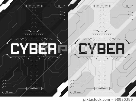Cyberpunk futuristic poster set. Cyberpunk design for web and print template. Tech flyer with HUD elements collection. Abstract futuristic digital technology design. Virtual environments. Cyberpunk futuristic poster set. Cyberpunk design for web and print template. Tech flyer with HUD elements collection. Abstract futuristic digital technology design. Virtual environments. 98980399