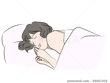 Illustration of a young Japanese woman sleeping soundly in bed, upper body, profile, sideways 98981458