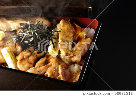 黑色背景下的熱炭烤烤雞肉串,配上大量醬汁 黑色背景下的熱炭烤烤雞肉串,配上大量醬汁 98981518