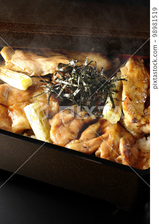 黑色背景下的熱炭烤烤雞肉串,配上大量醬汁 黑色背景下的熱炭烤烤雞肉串,配上大量醬汁 98981519