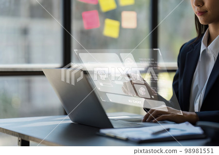 Chatbot Chat with AI, Artificial Intelligence. Business woman using technology smart robot AI. Futuristic technology transformation 98981551