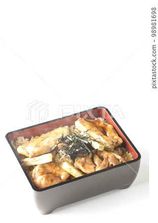 Hot charcoal-grilled yakitori with plenty of sauce, photographed against a white background Hot charcoal-grilled yakitori with plenty of sauce, photographed against a white background 98981698