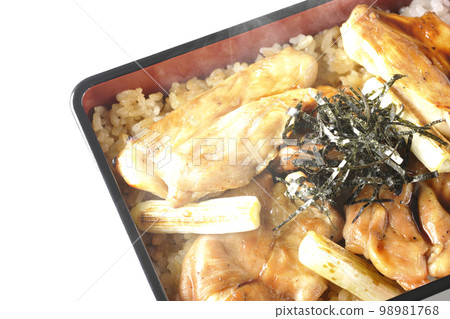 鳥瞰熱騰騰的木炭烤雞肉串,配以白色背景的大量醬汁 鳥瞰熱騰騰的木炭烤雞肉串,配以白色背景的大量醬汁 98981768