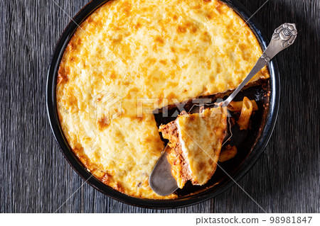 Greek Pastitsio in baking dish, top view Greek Pastitsio in baking dish, top view 98981847