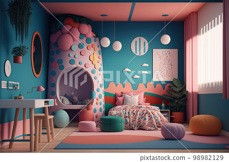 Cute surreal children's room. Colorful kids room Cute surreal children's room. Colorful kids room 98982129
