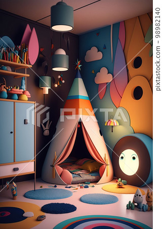 Cute surreal children's room. Colorful kids room Cute surreal children's room. Colorful kids room 98982140
