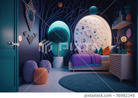 Cute surreal children's room. Colorful kids room Cute surreal children's room. Colorful kids room 98982148