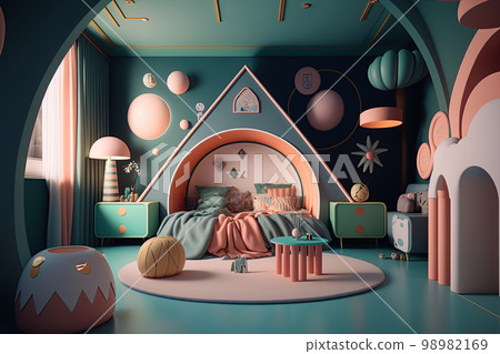 Cute surreal children's room. Colorful kids room Cute surreal children's room. Colorful kids room 98982169