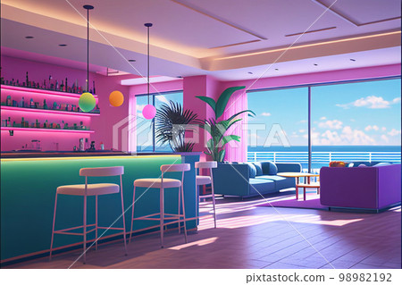 海景餐廳的內部透視柔和的色彩 AI 圖像 98982192