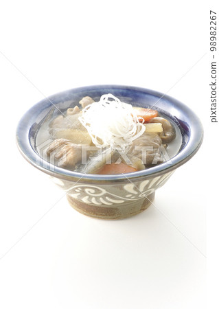 白色背景下用胡蘿蔔、魔芋、牛蒡和蘿蔔燉的熱豬內臟 白色背景下用胡蘿蔔、魔芋、牛蒡和蘿蔔燉的熱豬內臟 98982267
