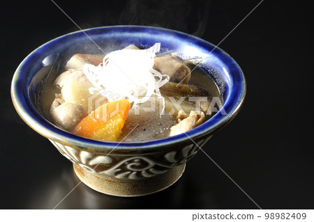 黑色背景中用胡蘿蔔、魔芋、牛蒡和蘿蔔燉的豬內臟 黑色背景中用胡蘿蔔、魔芋、牛蒡和蘿蔔燉的豬內臟 98982409