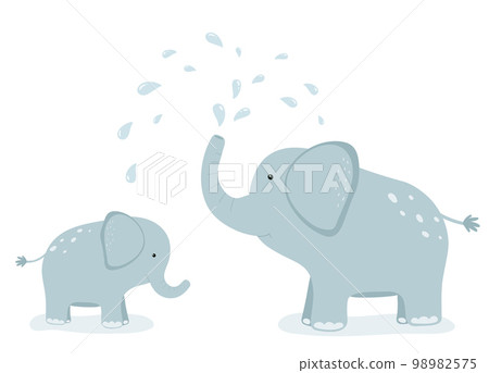 Mother elephant splashes water on her child and herself. 98982575