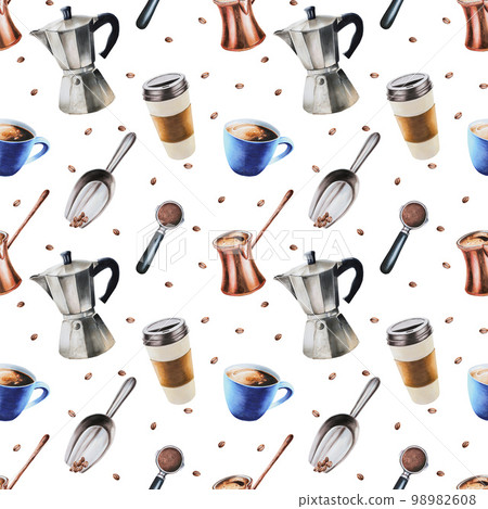 Watercolor seamless pattern with coffee making tools. Latte, espresso, americano. Hand painting on isolated background. For designers, menu, shop, bar, bistro, restaurant, for postcards, wrapping 98982608