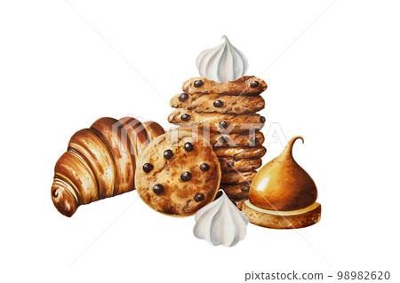 Watercolor composition with chocolate cookies, orange souffl, croissant, meringue. Hand painting sweet crunchy cookies on a white isolated background. For designers, menu, shop, bar, bistro Watercolor composition with chocolate cookies, orange souffl, croissant, meringue. Hand painting sweet crunchy cookies on a white isolated background. For designers, menu, shop, bar, bistro 98982620