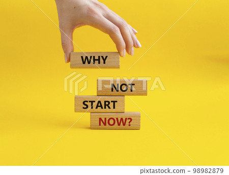 Why not start now symbol. Concept words Why not start now on wooden blocks. Beautiful yellow background. Businessman hand. Business and Why not start now concept. Copy space. Why not start now symbol. Concept words Why not start now on wooden blocks. Beautiful yellow background. Businessman hand. Business and Why not start now concept. Copy space. 98982879