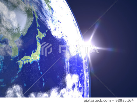 地球,日本列島,特寫,太陽,早晨的太陽(3DCG 圖像) 地球,日本列島,特寫,太陽,早晨的太陽(3DCG 圖像) 98983164