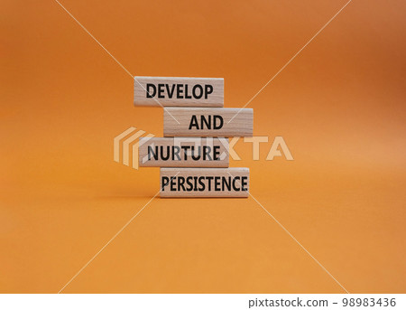 Persistence and development symbol. Wooden blocks with words Develop and nurture persistence. Beautiful orange background. Business and 'Develop and nurture persistence' concept. Copy space. Persistence and development symbol. Wooden blocks with words Develop and nurture persistence. Beautiful orange background. Business and 'Develop and nurture persistence' concept. Copy space. 98983436