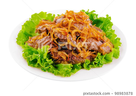 Beef liver with onions chips on plate Beef liver with onions chips on plate 98983878