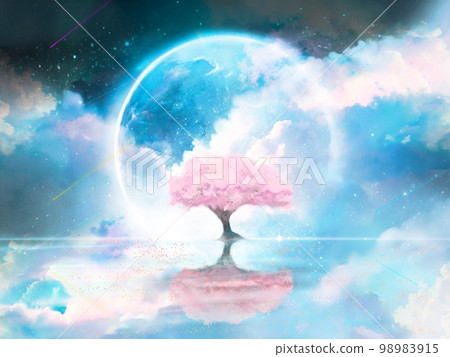 Fantasy background landscape illustration with a blue full moon and cherry blossoms in full bloom floating on the surface of the water and a sea of clouds Fantasy background landscape illustration with a blue full moon and cherry blossoms in full bloom floating on the surface of the water and a sea of clouds 98983915