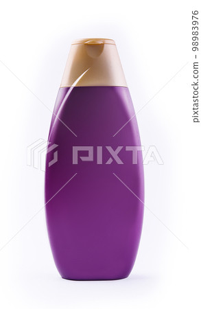 Purple plastic bottle for shampoo or shower gel isolated 98983976