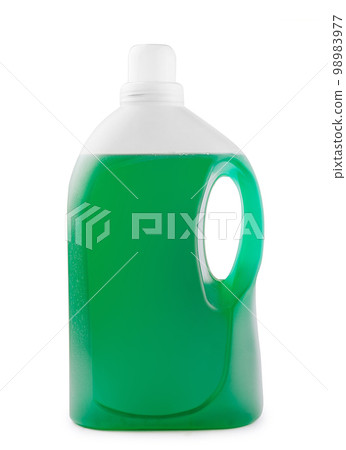 Green liquid soap or detergent in a plastic bottle 98983977
