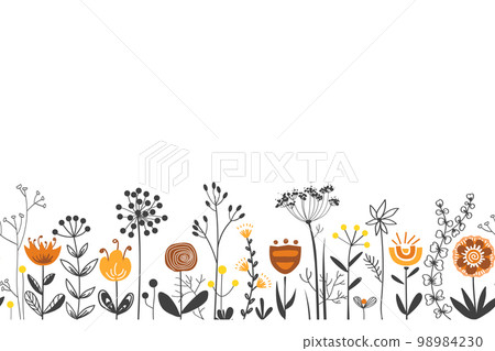 Fairy flowers border in Scandinavian folk style, seamless vector pattern. Repeating doodle grass meadow background. Design for fabric, cards, wallpaper, home decor, craft packaging. 98984230