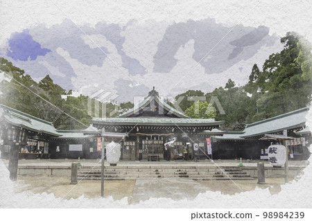 Watercolor-style Okayama Kengokoku Shrine Worship Hall, Okayama City, Okayama Prefecture 98984239