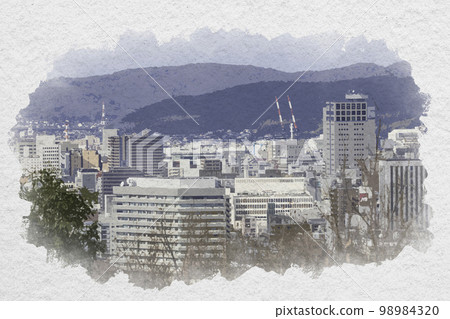 岡山縣岡山市岡山市從草山NTT Cred Building眺望岡山市的水彩風格景觀 98984320
