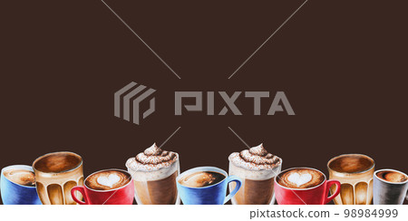 Watercolor bordure with coffee in porcelain and glass cups. Hand painting espresso, americano, latte, raff, take away coffee, mocha on a white isolated background. For designers, menu, shop, bar 98984999