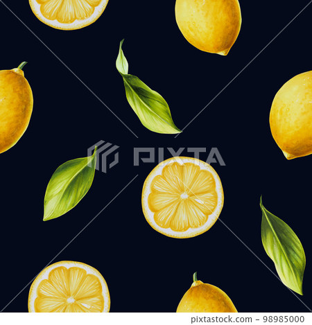 Watercolor seamless pattern with fresh ripe lemon with bright green leaves and flowers. Hand drawn cut citrus slices painting on black background. For designers, postcards, party Invitations, wrapping 98985000