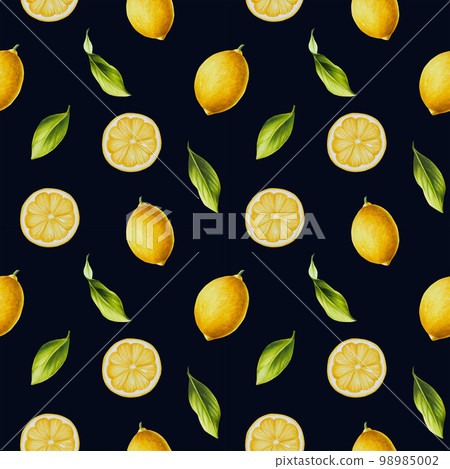 Watercolor seamless pattern with fresh ripe lemon with bright green leaves and flowers. Hand drawn cut citrus slices painting on black background. For designers, postcards, party Invitations, wrapping 98985002