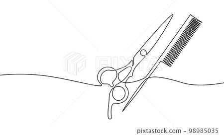 One line continuous scissors hairdresser symbol concept. Silhouette hair design image style technology icon. Digital white single line sketch drawing vector illustration 98985035