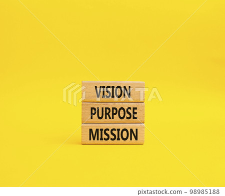 Vision Purpose Mission symbol. Concept word Vision Purpose Mission on wooden blocks. Beautiful yellow background. Business and Vision Purpose Mission concept. Copy space. 98985188