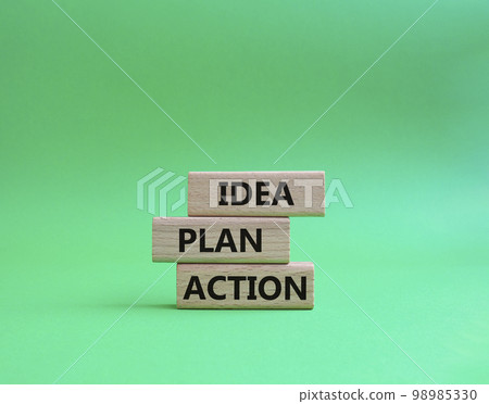 Idea Plan Action symbol. Wooden blocks with words Idea Plan Action. Beautiful green background. Business and Idea Plan Action concept. Copy space. Idea Plan Action symbol. Wooden blocks with words Idea Plan Action. Beautiful green background. Business and Idea Plan Action concept. Copy space. 98985330