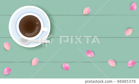 Pink flower petals on the desk and coffee bird's eye view background illustration banner template 16: 9 98985378