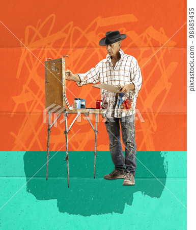 Contemporary art collage. Creative design. Senior man, talented painter making piece of art. Dirty clothes in paints. Talent Contemporary art collage. Creative design. Senior man, talented painter making piece of art. Dirty clothes in paints. Talent 98985455
