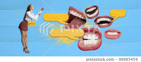 Contemporary art collage. Creative design. Young woman, journalist taking interview with many human mouths shouting 98985459