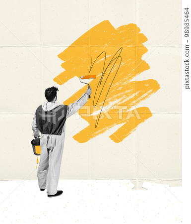 Contemporary art collage. Creative design. Young male decorator painting with a paint roller on light background 98985464