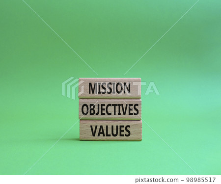 Mission Objectives Values symbol. Concept words Mission Objectives Values on wooden blocks. Beautiful green background. Business and Mission Objectives Values concept. Copy space 98985517